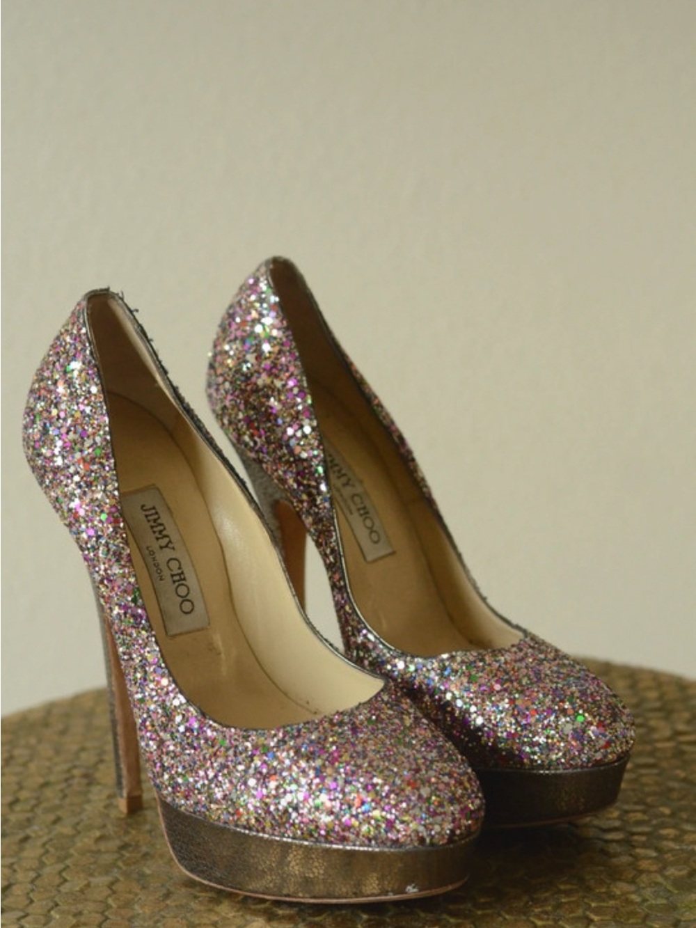 Jimmy Choo Multicolor Pink Glitter Platform Pumps